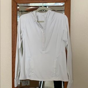 White rash guard hoodie.